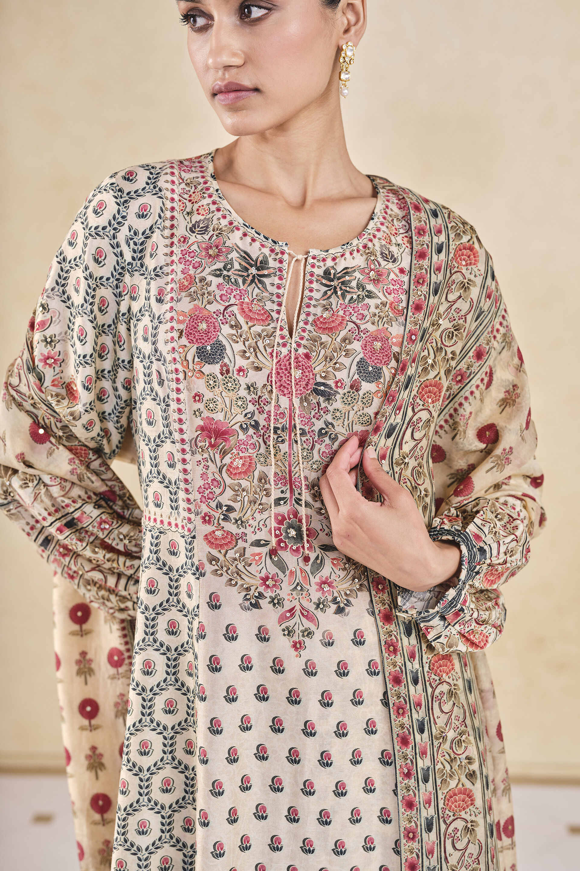 Demoiselle Printed Sequin Silk Suit Set - Cream, Cream, image 5